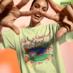 colorful trout fish with bold patterns and fun phrase, lake girl summer aesthetic design