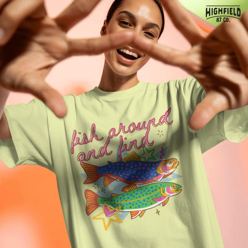 colorful trout fish with bold patterns and fun phrase, lake girl summer aesthetic design
