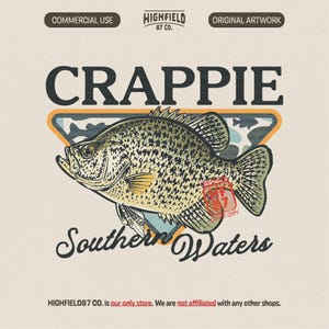 Crappie Fishing PNG featuring a detailed crappie fish with Southern Waters text, camo badge background, and freshwater fishing style for shirt designs.