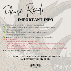 May include: A digital download information sheet with black text on a light background featuring a deer silhouette. It lists usage guidelines including personal use, small business physical products, and print-on-demand restrictions for Highfield 87 Co.