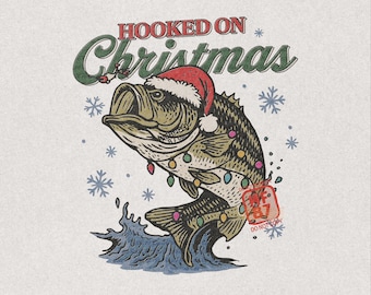 Hooked On Christmas PNG, Bass Fishing Santa Hat Shirt Design, Christmas Fish Digital Download for Anglers and Fishermen Gift