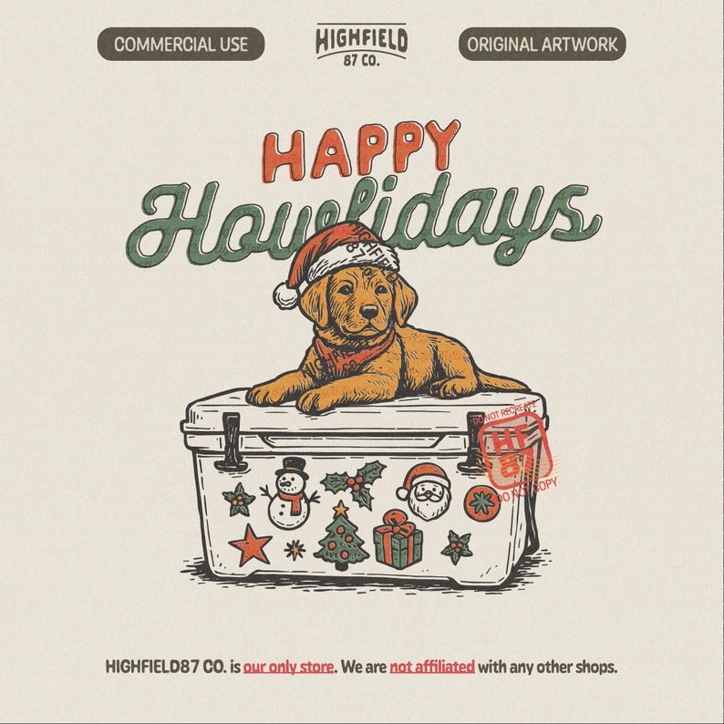 Illustration of a cute Labrador retriever puppy wearing a Santa hat, lying on a Christmas cooler with festive decorations. Includes “Happy Howlidays” text, ideal for dog Christmas PNG sublimation or pet lover holiday shirts.