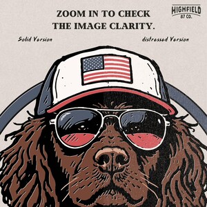 Boykin spaniel dog portrait featuring a hunting dog wearing reflective sunglasses an American flag hat and patriotic bandana.