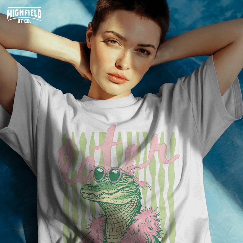 playful summer alligator png wearing pink accessories preppy style later gator phrase digital download for shirt print sublimation design