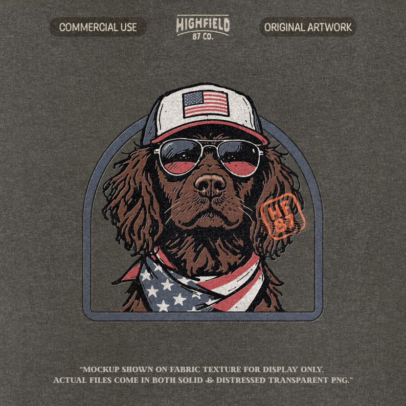 Patriotic boykin spaniel dog illustration showing a brown spaniel wearing sunglasses a patriotic hat and American flag bandana. The dog portrait style design highlights American pride and dog lover culture.