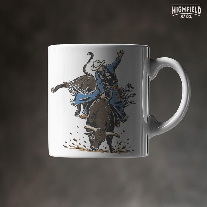 Ranch cowboy PNG featuring a rodeo rider on a bucking bull with boots, chaps, and western gear for country shirt and apparel designs.