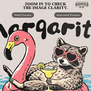 cute raccoon lounging on float with margarita glass and heart sunglasses, beach vacation png design