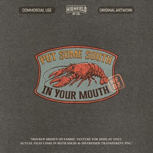front and back crawfish shirt graphic with vintage style lobster illustration and southern phrase PNG