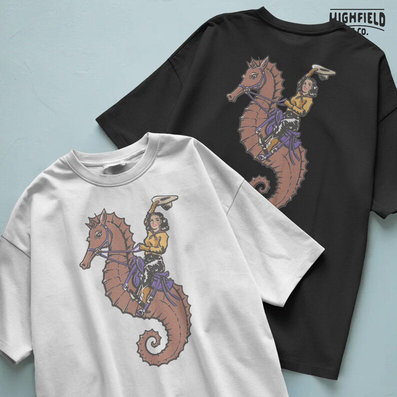 coastal cowgirl illustration with seahorse and cowboy pose, ocean themed design