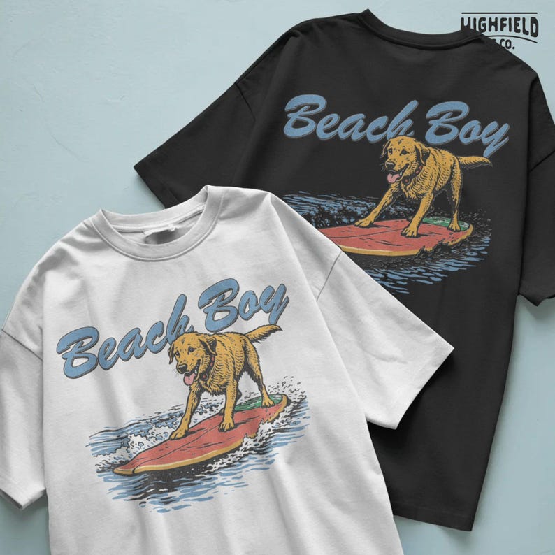 dog surfing artwork golden retriever beach vacation theme for shirt printing png