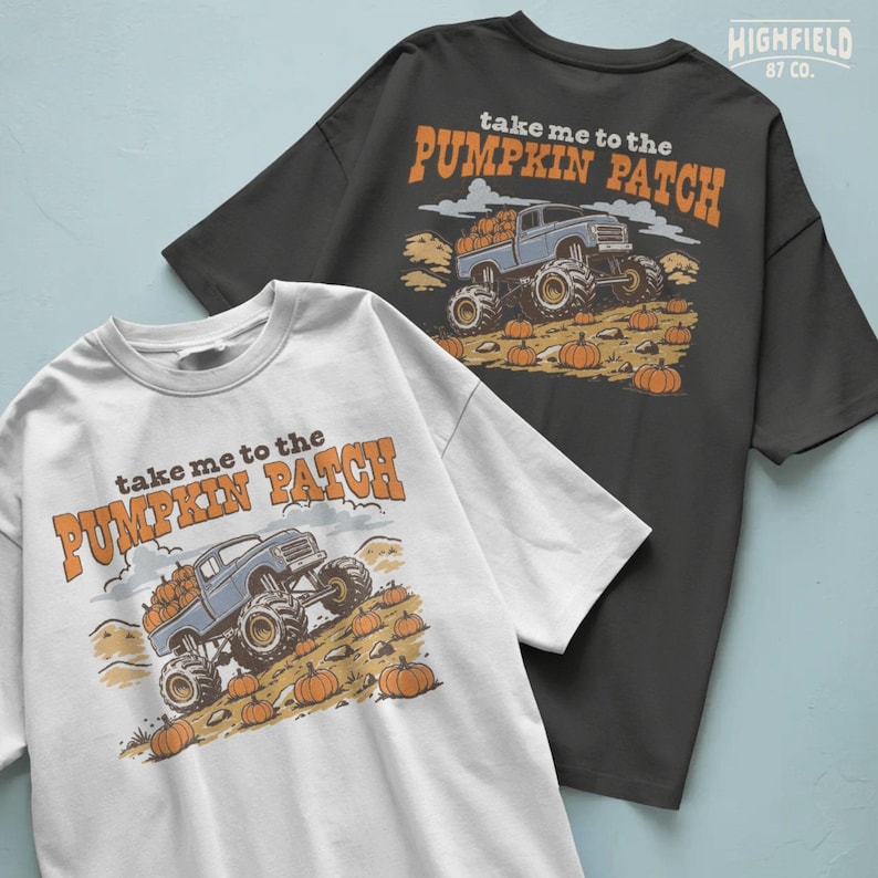 Pumpkin truck PNG featuring a lifted off road truck carrying pumpkins through a fall pumpkin patch with scattered pumpkins on the ground.