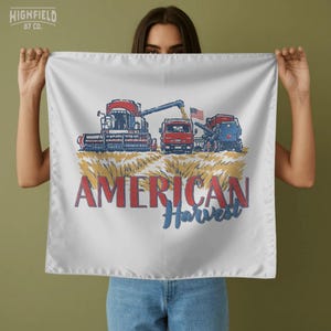 Patriotic Farm PNG showing American Harvest lettering with combine harvester, tractor, and field scene for USA farmer shirt designs.