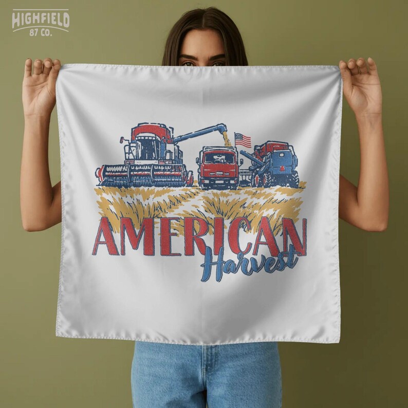 Patriotic Farm PNG showing American Harvest lettering with combine harvester, tractor, and field scene for USA farmer shirt designs.