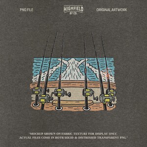 Deep sea fishing PNG artwork featuring trolling rods lined up on the back of a sportfishing boat