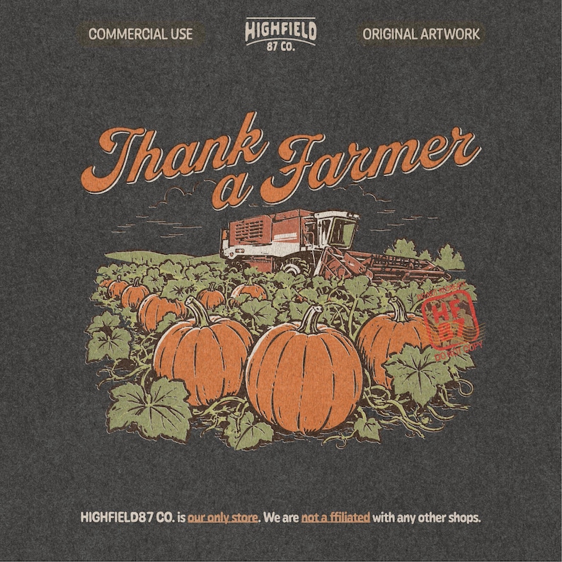 Pumpkin patch PNG showing a farm combine harvester behind large pumpkins and green vines. The artwork includes the words “Thank a Farmer” in a warm autumn farm illustration.
