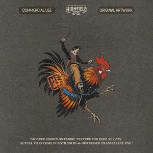 Funny western rooster PNG artwork showing a cowboy riding a giant rooster like a rodeo animal, with black and orange feathers, boots, hat, and action pose for humor shirt designs.