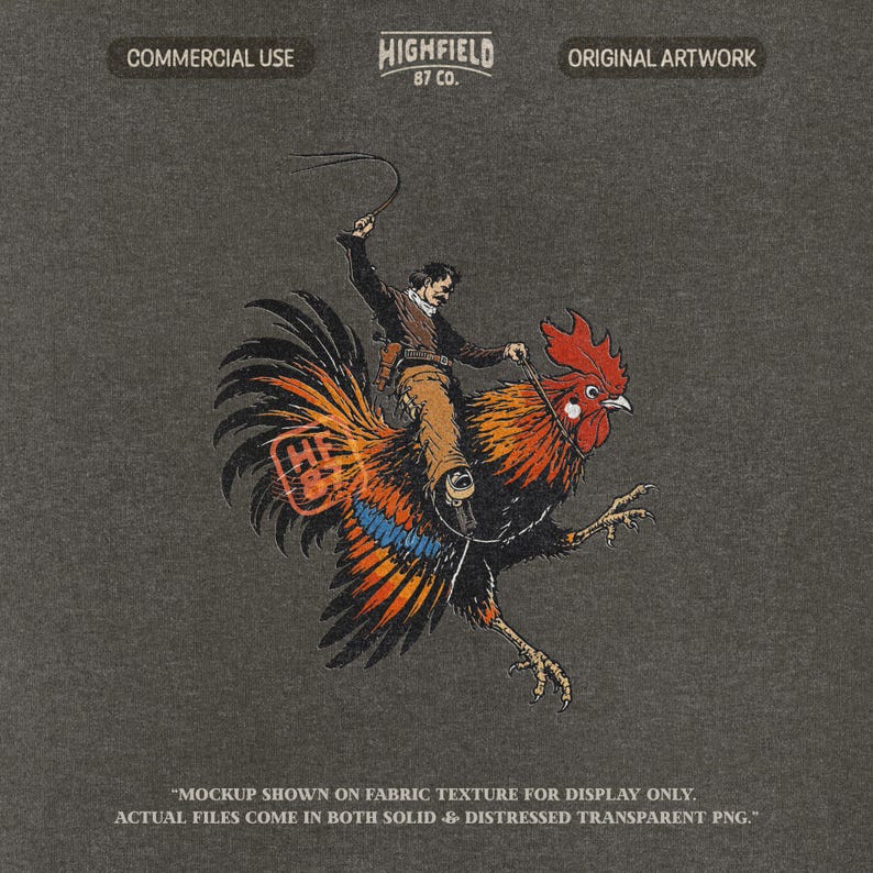 Funny western rooster PNG artwork showing a cowboy riding a giant rooster like a rodeo animal, with black and orange feathers, boots, hat, and action pose for humor shirt designs.