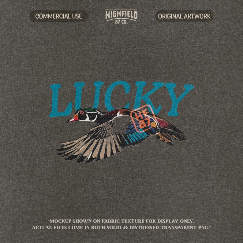 Wood Duck PNG showing a flying duck with colorful feathers, red eye, dark green head, blue wing accents, and big Lucky text above. The artwork has a clean outdoor wildlife style for nature shirts, bird lover apparel, waterfowl graphics, and printable digital designs.