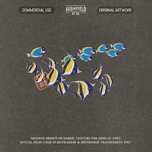 reef fish illustration png featuring colorful tropical fish swimming together in a coastal style composition, perfect for summer beach shirt design