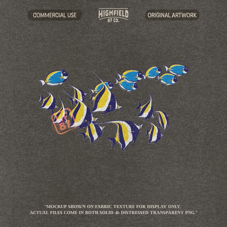 reef fish illustration png featuring colorful tropical fish swimming together in a coastal style composition, perfect for summer beach shirt design