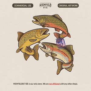 May include: Illustration of three fish in a vintage style. The fish are in shades of yellow, orange, green, and red. The image includes the text "HIGHFIELD 87 CO." and "ORIGINAL ARTWORK". The text "COMMERCIAL USE" is also present.
