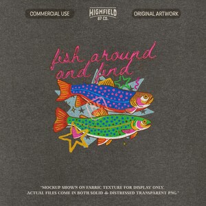 two bright patterned trout fish with bold colors and fun lettering, preppy lake girl summer graphic