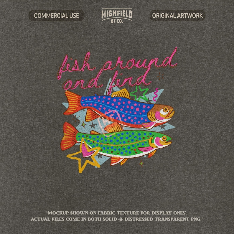 two bright patterned trout fish with bold colors and fun lettering, preppy lake girl summer graphic