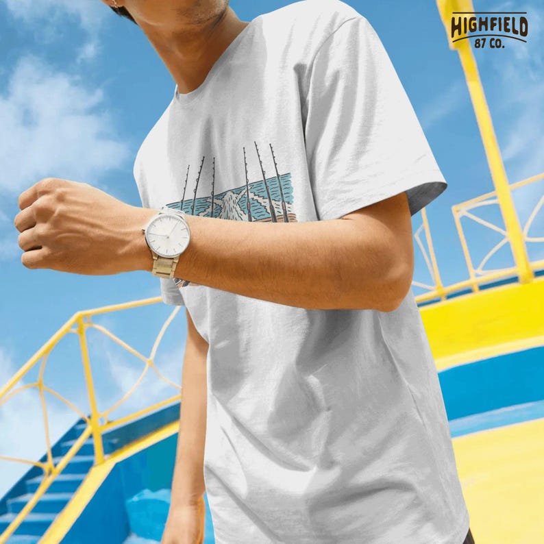 Saltwater trolling PNG design featuring fishing rods mounted on a boat stern offshore