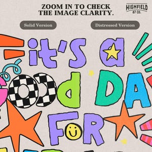 First day of school PNG with cheerful hand-drawn lettering in pink, blue, green, purple, orange, and yellow with star accents.