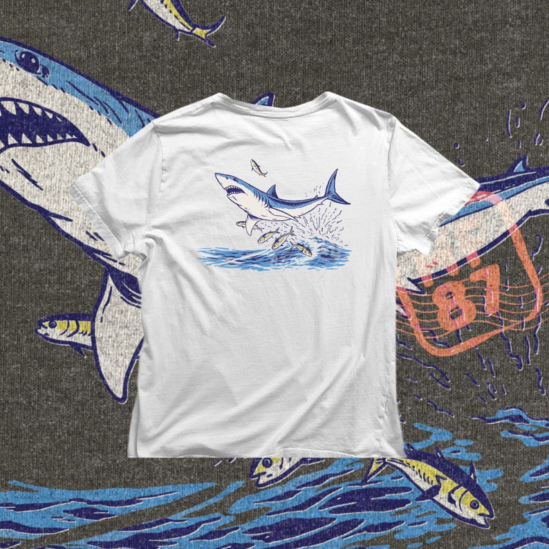 shark jump png with water splash and bait fish, action marine life illustration for beach apparel