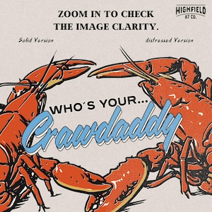 Crawdad graphic with blue accent outlines and seafood boil theme text, high resolution PNG file.