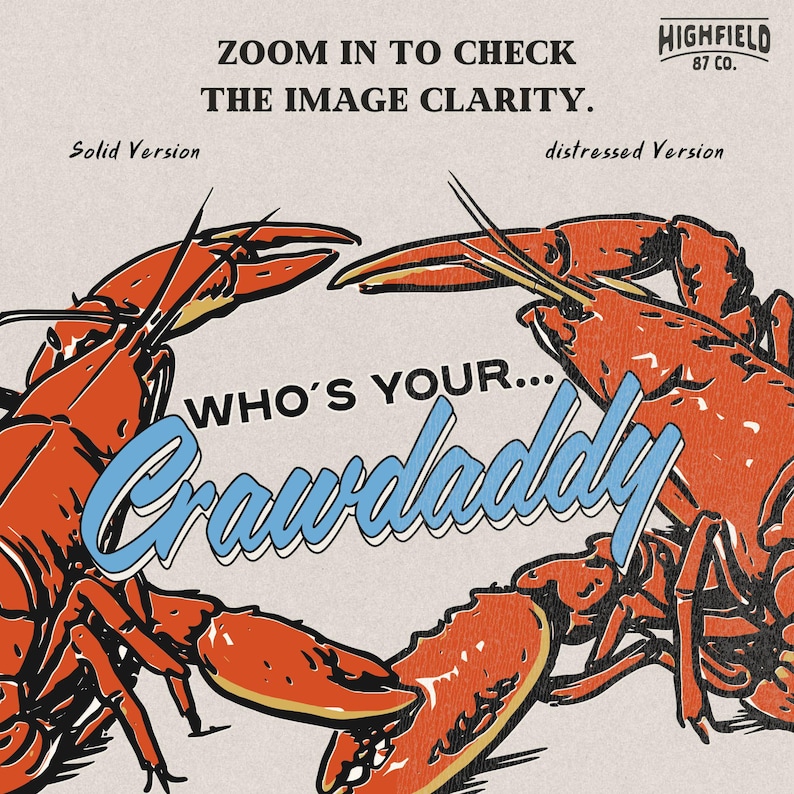Crawdad graphic with blue accent outlines and seafood boil theme text, high resolution PNG file.
