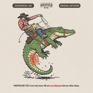 Cowboy riding alligator PNG showing western cowboy roping gator in funny rodeo style illustration