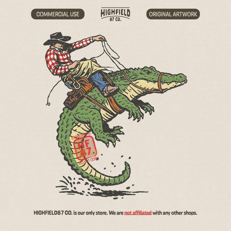 Cowboy riding alligator PNG showing western cowboy roping gator in funny rodeo style illustration