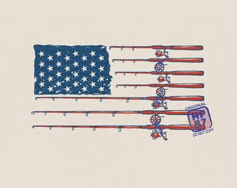 Fishing PNG: Patriotic Fishing Rod USA Flag Graphic for Fisherman Shirt, 4th of July Outdoor Digital Download