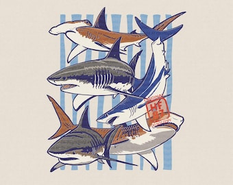 Ilustração PNG vintage de tubarão pescando no oceano, estampa para camiseta, verão, praia, pescador, download digital.