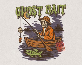Può includere: Un'illustrazione grafica raffigurante uno scheletro con cappello e giacca arancione, seduto su una barca di legno sull'acqua. Lo scheletro tiene una canna da pesca con un teschio e un amo. Il testo GHOST BAIT appare in verde sopra la scena.