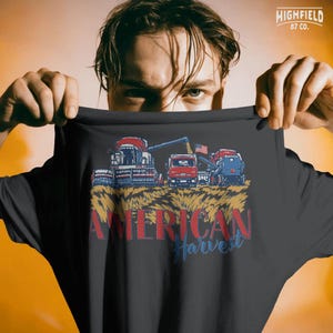 Grain Harvest PNG with combine, tractor, truck, and wheat field artwork for agriculture shirts, farmer gifts, and digital download projects.