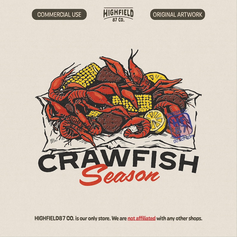 Crawfish Season PNG featuring a pile of bright red crawfish served on paper with corn on the cob and lemon slices. The illustration captures a classic Louisiana seafood boil presentation with bold linework and vibrant colors. Designed for summer party shirts, crawfish boil apparel, and custom seafood themed printing projects.