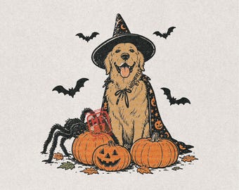 Golden Retriever Halloween PNG, Witch Dog Pumpkin Shirt Design, Cute Spooky Fall Digital Download for Dog Lovers and Kids