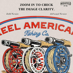Patriotic fishing illustration featuring fly fishing reels with USA colors and Reel American text.