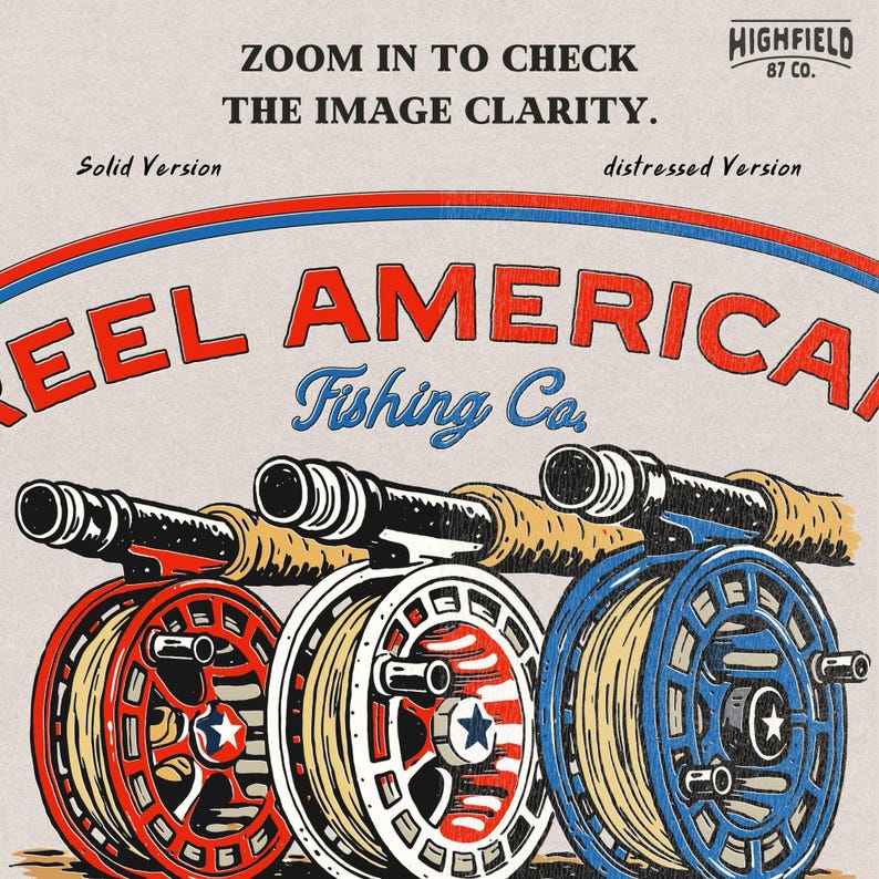 Patriotic fishing illustration featuring fly fishing reels with USA colors and Reel American text.