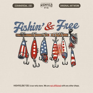 patriotic fishing lure illustration featuring multiple lures hanging from a rod in red white and blue american flag colors with fishin and free text above, detailed hooks and classic lure shapes designed for anglers, perfect fishing png for t shirt printing, summer fishing apparel, 4th of july fishing design, outdoor lifestyle graphic, clean background ready for sublimation and digital download use