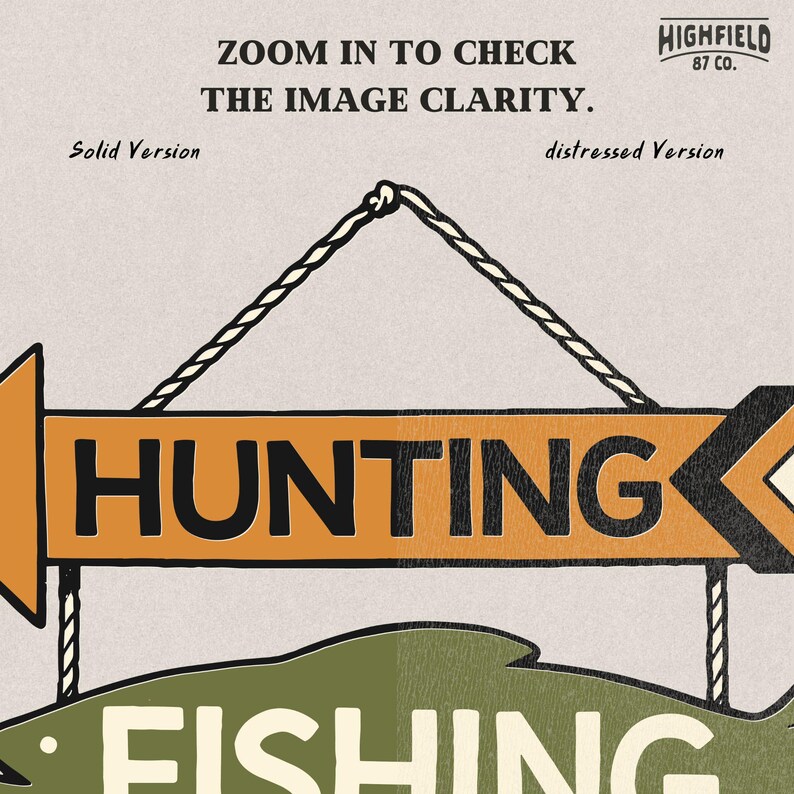 Hunting and fishing shirt PNG featuring stacked hanging signs with hunting arrow, fishing fish sign, outdoor theme