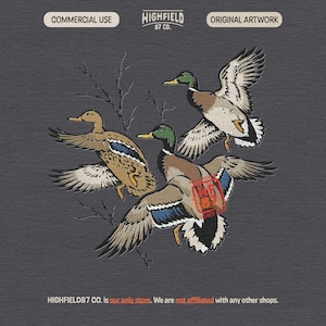 Flying duck hunting PNG featuring three mallards in flight, including two green headed drakes and one brown hen duck.