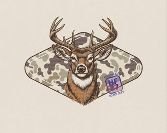 Immagine PNG di un cervo maschio, grafica mimetica da caccia vecchio stile, download digitale per maglietta da cacciatore di cervi dalla coda bianca.