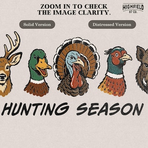 Duck hunting PNG featuring a mallard head beside deer, turkey, pheasant, and wild boar artwork with hunting season lettering.
