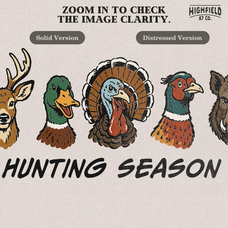 Duck hunting PNG featuring a mallard head beside deer, turkey, pheasant, and wild boar artwork with hunting season lettering.
