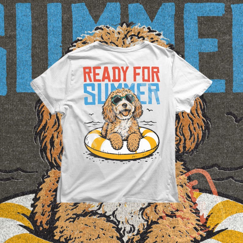 Summer puppy PNG design showing a fluffy dog in black sunglasses sitting in a striped yellow and white float with large red and blue summer text.