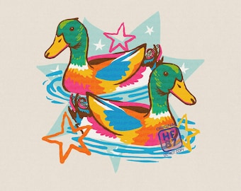 Preppy Duck PNG Colorful Summer Lake Design, Cute Mallard Ducks Illustration, Girly Preppy Shirt Graphic Digital Download